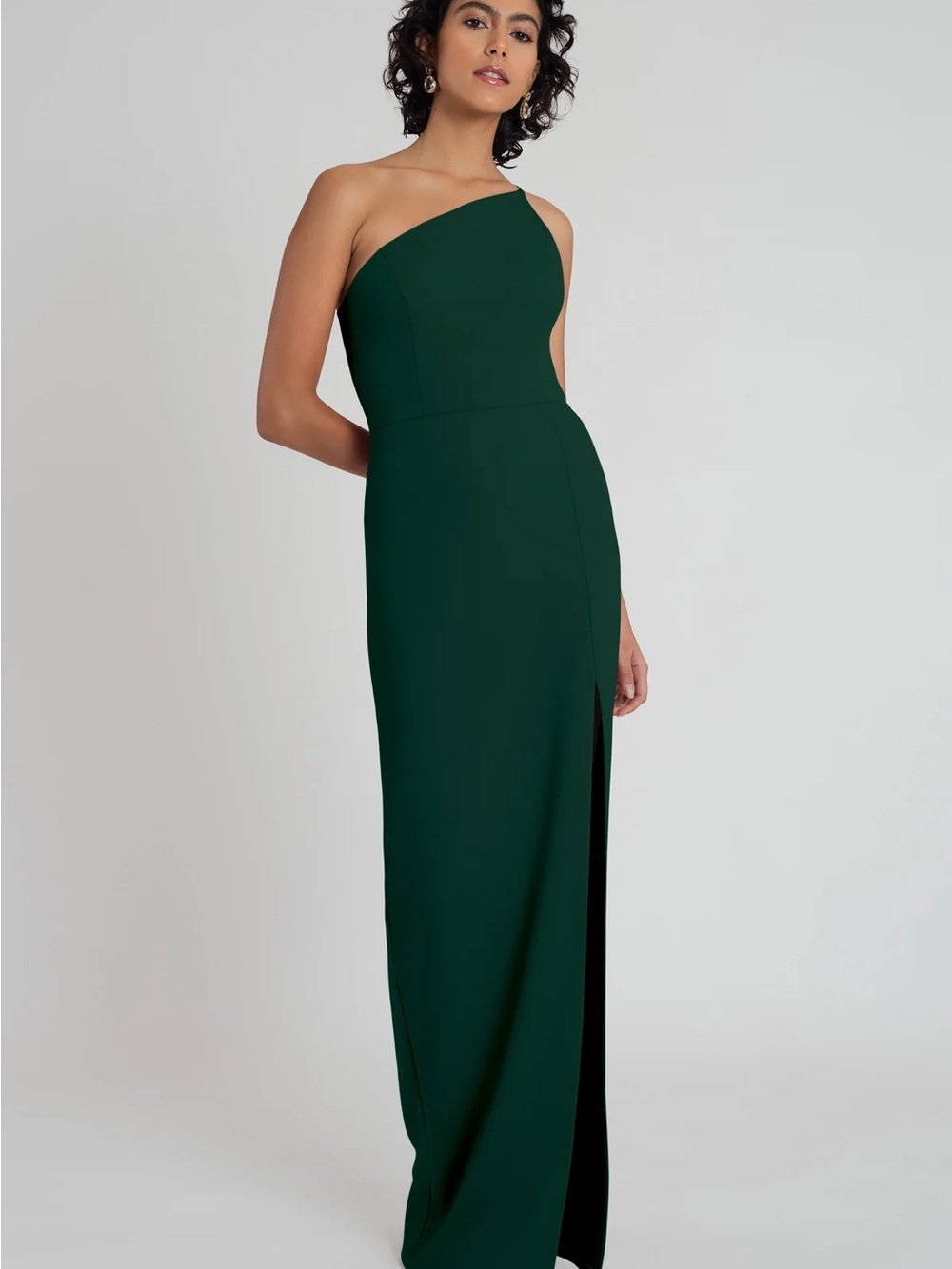 Jenny Yoo One-Shoulder Emerald Gown with Side Slit
